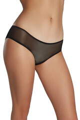 Cropped shot of slim lady in black mesh panties without pattern. The model is showing see-through sexy lingerie on the gray background.