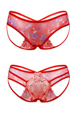 Detail shot of red mesh panties with thin straps, floral design and fine embroidery. Sexy lingerie is isolated on the white background. Front and back views.  