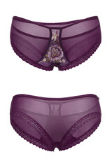 Detail shot of violet mesh panties with thin straps, lace trimming and fine floral embroidery. Sexy lingerie is isolated on the white background. Front and back views.  