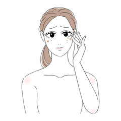 女性　美肌　肌トラブル　美容　スキンケア　シミ　老人性色素斑　肝斑　悩む顔　困り顔