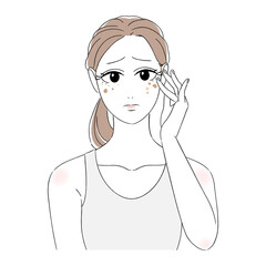 女性　美肌　肌トラブル　美容　スキンケア　シミ　老人性色素斑　肝斑　悩む顔　困り顔　タンクトップ