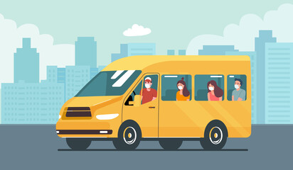 Van car with passengers against the background of an abstract cityscape. Vector illustration.