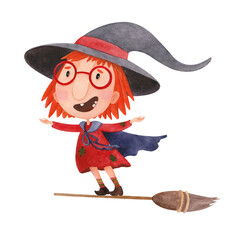 Cartoon watercolor illustration for halloween with witch flying on a broomstick 