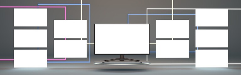 Computer screen mockup with blank computer screens, template for application presentation or ux ui design. 3d illustration