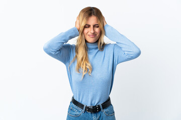 Young blonde Uruguayan woman over isolated background frustrated and covering ears
