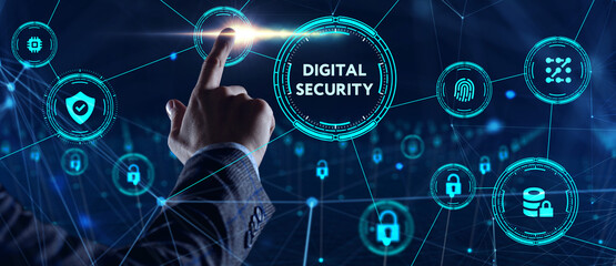 Cyber security data protection business technology privacy concept. Young businessman  select the icon Digital security on the virtual display.