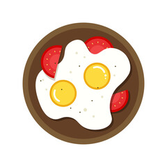 Scrambled eggs. Cook breakfast, pours oil into frying pan, breaks egg, top view morning tasty healthy meal. Cafe or restaurant food vector cartoon concept