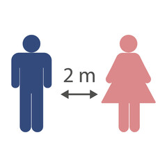 Social distancing set of icons. Simple man or woman black and white silhouettes with arrow distance between. Can be used during coronavirus covid-19 outbreak prevention