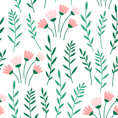 Seamless pattern with simple  flowers, leaves, plants on a white background. Colorful flat floral illustration for wallpaper, wrapping paper, surface design
