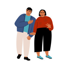 Fototapeta premium A couple of scared people. Man and woman expressing fear on their faces. Vector flat illustration with afraid characters