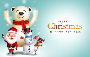 Merry christmas greeting vector design. Merry christmas text with santa claus, bear, snowman and reindeer waving characters for xmas season celebration. Vector illustration
