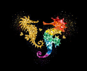 Rainbow and gold colors glittering seahorses with hearts and glitter glow. Beautiful colorful silhouettes on black for Valentines day, wedding, kids, label, banner, LGBT symbol. Vector illustration.