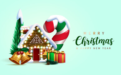 Christmas vector background design. Merry christmas greeting text with xmas miniature house, candy cane and pine tree elements for holiday season celebration. Vector illustration
