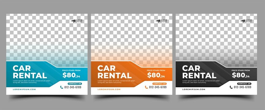 Set of Social media template for car rental. Editable modern banner design with cyan, orange, and black color background.