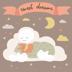 Cute baby fox is sleeping in clouds. Sweet dreams. Poster with character in flat style.
