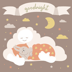 Cute baby hare is sleeping in clouds. Sweet dreams. Poster with character in flat style.