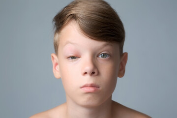 Portrait of a boy with a swollen eye from an insect bite. Allergic reaction to insect bites. Closed...