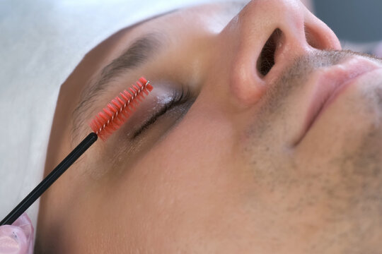 Cosmetologist is bruching eyelashes of man usinf mascara brush, closeup view. She is applying oil on lashes for filing lash laminating lifting effect after procedure. Face of man closeup.