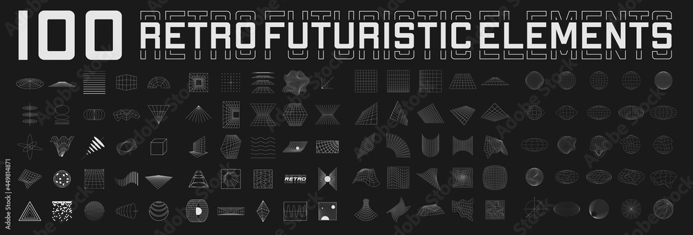 Aufkleber set of retrofuturistic design elements. perspective grids, tunnels, retro title, polar grid, geometr