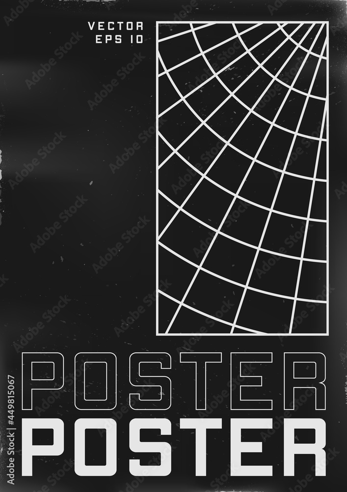 Wall mural Retrofuturistic poster design. Cyberpunk 80s style poster with retrofuturistic polar grid in frame. Shabby scratched flyer template for your design. Vector