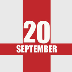 september 20. 20th day of month, calendar date.White numbers and text on red intersecting stripes. Concept of day of year, time planner, autumn month.
