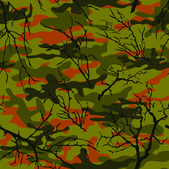 
Seamless camouflage pattern with tree branches. Hunting clothing print. Vector.