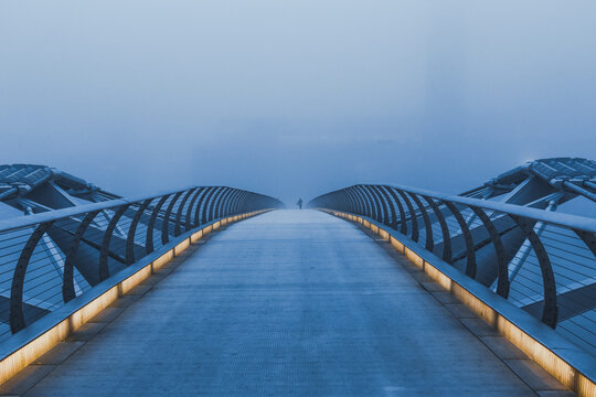 London's Millennium Bridge on a morning of heavy fog