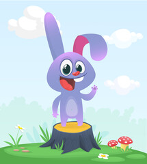 Fototapeta premium Cartoon funny and happy rabbit standing on the summer meadow on the tree stump. Vector illustration of easter bunny hare