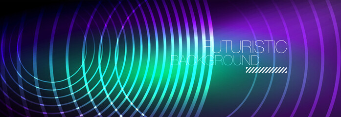 Dark abstract background with glowing neon circles. Trendy layout template for business or technology presentation, internet poster or web brochure cover, wallpaper