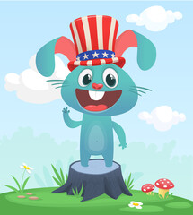 Cartoon funny and happy rabbit standing on the summer meadow on the tree stump. Vector illustration of easter bunny hare