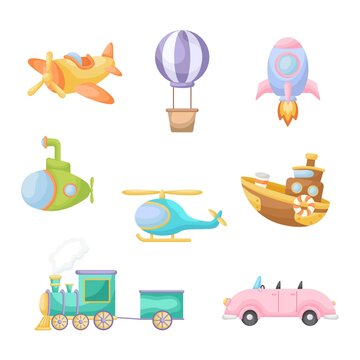 Collection of cute cartoon transport. Set of vehicles for design of kids rooms, clothing, album, card, baby shower, birthday invitation, house interior. Bright colored childish vector illustration.