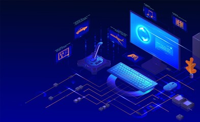 Computer gaming set. Isometric desktop computer monitor, keyboard, mouse, game controller. PC gaming accessories, vector
