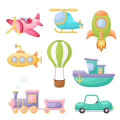Set of cute cartoon transport. Collection of vehicles for design of kids rooms, clothing, album, card, baby shower, birthday invitation, house interior. Bright colored childish vector illustration.