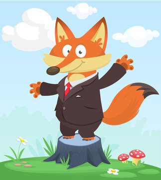 Cartoon funny and happy fox standing on the summer meadow on the tree stump wearing toxedo. Vector illustration