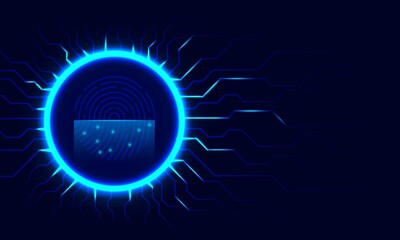 Cyber securitry concept.Abstract blue technology background.Fingerprint scanner.Protection identity data information.Circuit board.