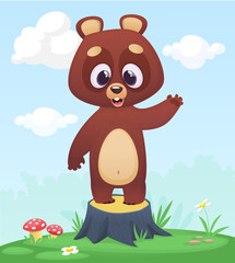 Obraz na płótnie Canvas Cartoon funny and happy bear standing on the summer meadow on the tree stump. Vector illustration