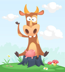 Obraz na płótnie Canvas Cartoon funny and happy cow standing on the summer meadow on the tree stump. Vector illustration