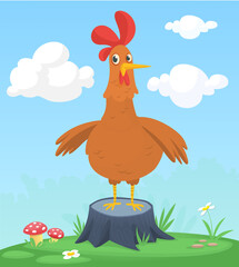 Cartoon funny and happy rooster standing on the summer meadow on the tree stump. Vector illustration