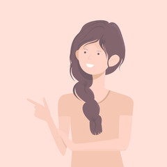 A young woman pointing out something is interesting. Happy girl with badge T- shirt