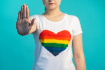Stop gay discrimination. LGBT rights. Homophobia prevention. Unrecognizable woman with refusal hand...