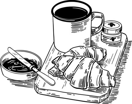 recommend clip art: Croissant with jam and hot coffee Breakfast set Hand drawn sketch line art illustration 