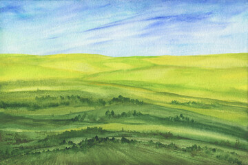 Fototapeta premium Green landscape - panoramic illustration of a yellow fields and a beautiful countryside hills with forest in morning fog. Watercolor hand drawn painting illustration