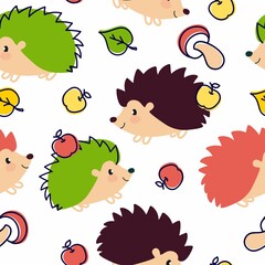 Hedgehog pattern cheerful on a white background For use in printing on fabric postcards, posters. Vector illustration