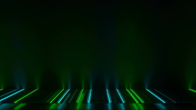 Green glowing neon tubes and free space. Futuristic sci-fi design. Seamless loop 3D render animation