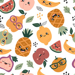 Seamless pattern with cute kawaii fruits.
