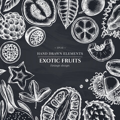 Monochrome design with chalk papaya, guava, passion fruit, starfruit, durian, rambutan, pitaya, jackfruit, sugar-apple, soursop, mangosteen