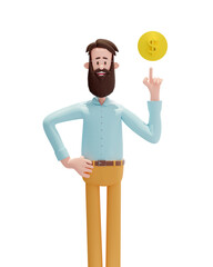 Illustration 3D. Homme d'affaire souriant, jeune, montrant un dollars, de type hyspter, entrepreneur,  avec barbe et cheveux brun habillé avec chemise et pantalon style décontracté.