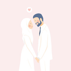 Cute Romantic Muslim Wedding Couple Holding Hands Contented and Happy in Their Wedding Moment