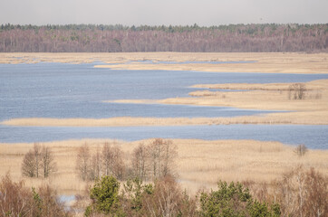 Aerial view of Kanieris lake in sunny spring day, Latvia