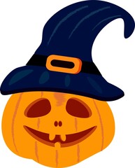 halloween magic orange pumpkin character with hat smiles isolated vector
